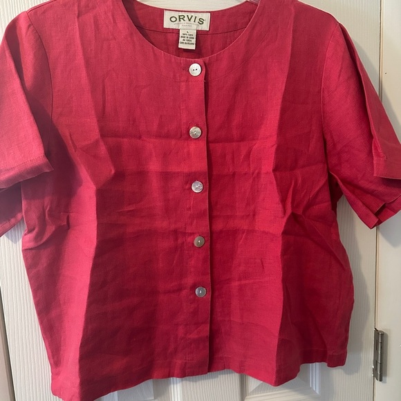 Tops - Orvis  Size Large Linen Shirt Bright Pink Short Sleeve Button Up 100% Linen